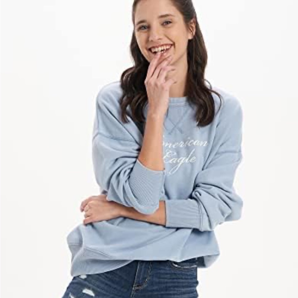 American Eagle Cursive Logo Baby Blue Thermal Crewneck Pullover Sweater